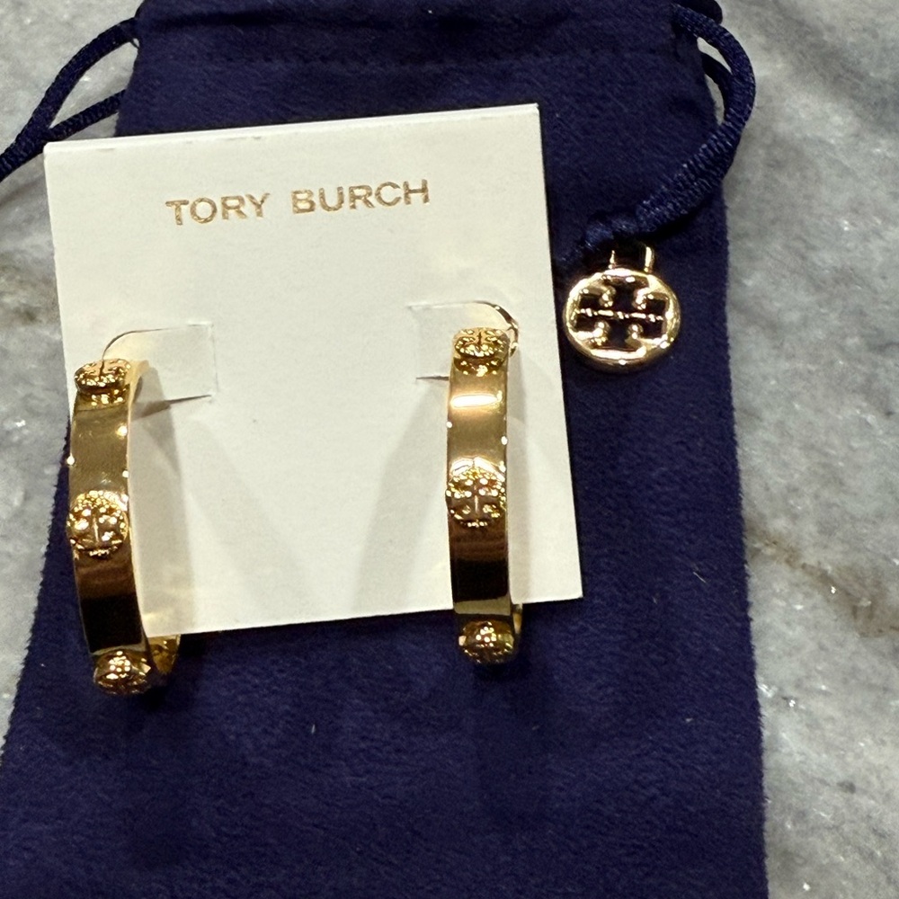 Tory Burch Gold Hoop Earrings with Dust Bag. 1 1/2” Size Hoops. - Picture 2 of 7